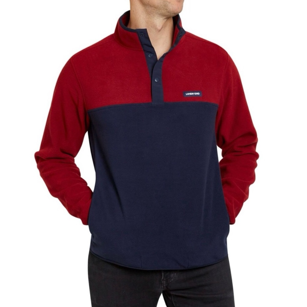 Lands’ End Men’s Size Medium Navy Red Heritage Polar Fleece Snap Neck Pullover